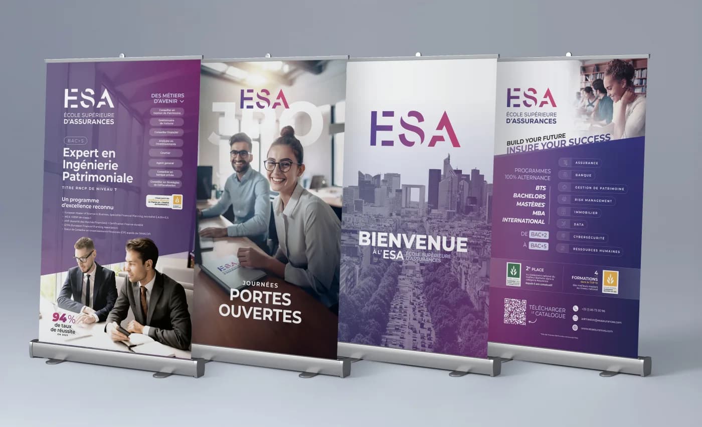 Série de kakémonos designés dans la charte de l'ESA Assurances